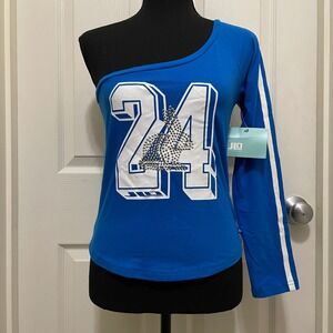 JLO Jennifer Lopez Asymmetrical Top One Shoulder Blue Y2K Bunny 24 Studded NWT